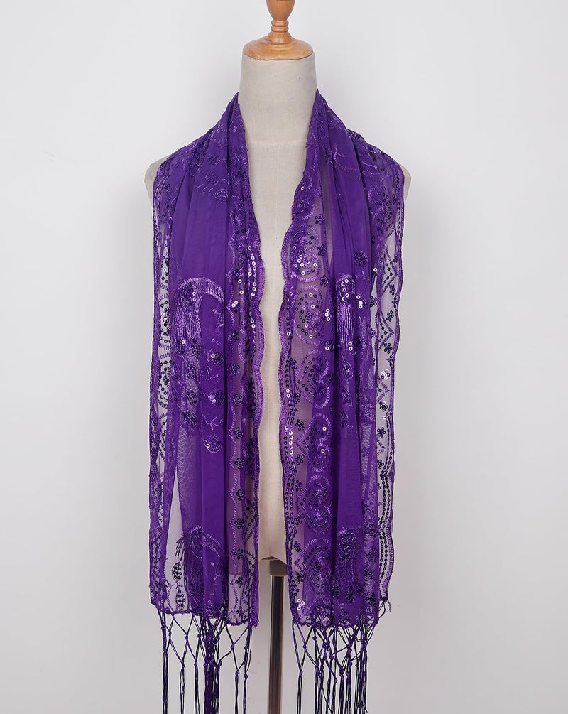 L'VOW Women's Glittering 1920s Scarf Mesh Sequin Wedding Cape Fringed Evening Shawl Wrap(Z1-Purple) - Image 3