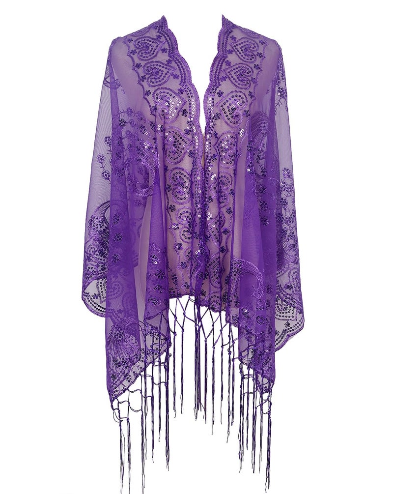 L'VOW Women's Glittering 1920s Scarf Mesh Sequin Wedding Cape Fringed Evening Shawl Wrap(Z1-Purple) - Image 1