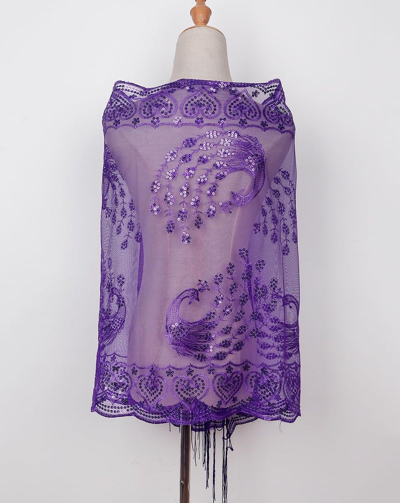 L'VOW Women's Glittering 1920s Scarf Mesh Sequin Wedding Cape Fringed Evening Shawl Wrap(Z1-Purple) - Image 4