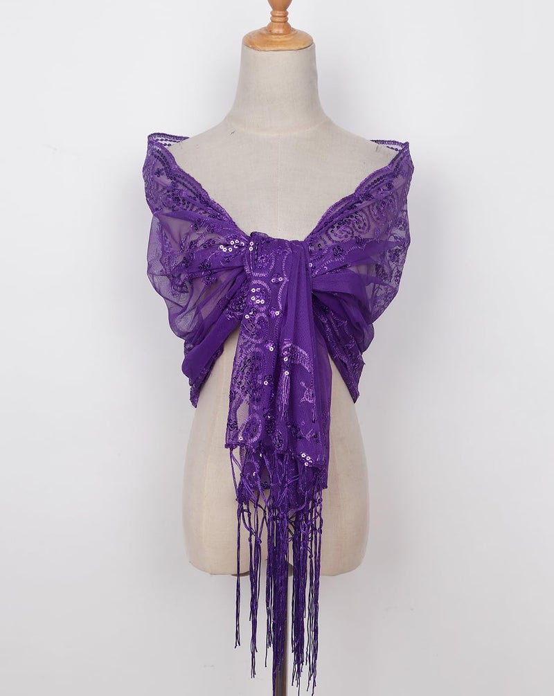 L'VOW Women's Glittering 1920s Scarf Mesh Sequin Wedding Cape Fringed Evening Shawl Wrap(Z1-Purple) - Image 5