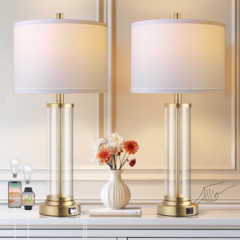 QiMH Lamps for Bedrooms Set of 2, Touch Control Table Lamps with USB A+C Ports, 3-Way Dimmable Bedside Lamp with Fabric Lampshade, Modern Nightstand Lamp for Living Room Bedroom (LED Bulbs Included) - Image 1