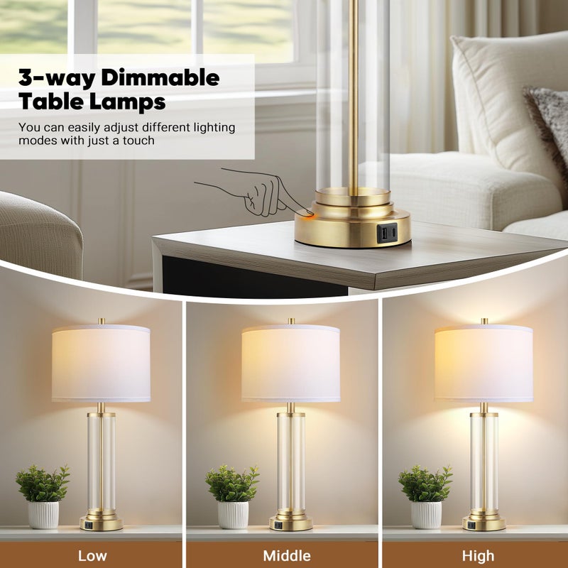 QiMH Lamps for Bedrooms Set of 2, Touch Control Table Lamps with USB A+C Ports, 3-Way Dimmable Bedside Lamp with Fabric Lampshade, Modern Nightstand Lamp for Living Room Bedroom (LED Bulbs Included) - Image 2
