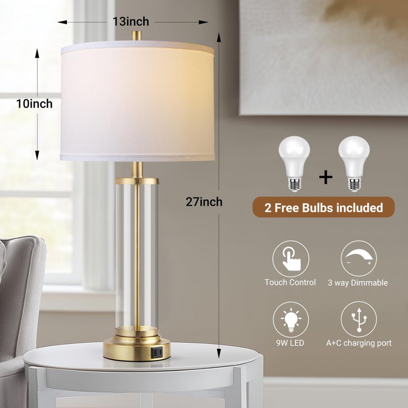 QiMH Lamps for Bedrooms Set of 2, Touch Control Table Lamps with USB A+C Ports, 3-Way Dimmable Bedside Lamp with Fabric Lampshade, Modern Nightstand Lamp for Living Room Bedroom (LED Bulbs Included) - Image 3