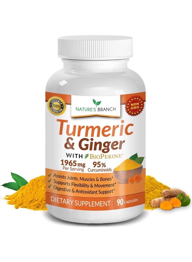 Nature's Branch Extra Strength Turmeric Curcumin and Ginger & BioPerine - 1965mg Joint Support Supplement for Aches with Black Pepper Powder Extract - Premium Made in USA | Vegan Natural Non GMO Pills | 90 Capsules - Image 1