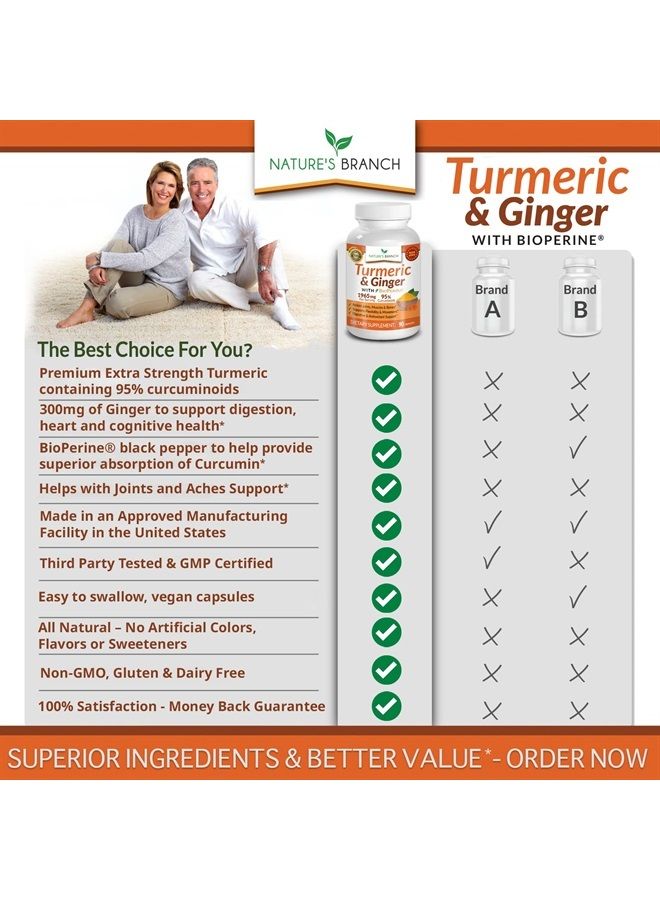 Nature's Branch Extra Strength Turmeric Curcumin and Ginger & BioPerine - 1965mg Joint Support Supplement for Aches with Black Pepper Powder Extract - Premium Made in USA | Vegan Natural Non GMO Pills | 90 Capsules - Image 4