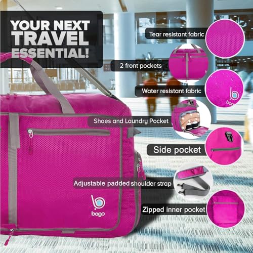Bago Foldable Duffel Bags for Traveling Women & Men - 60L Medium Packable Duffle Bag for Travel with Shoe Compartment - Water Repellant, Heavy Duty, Lightweight Folding & Collapsible (Pink) - Image 3