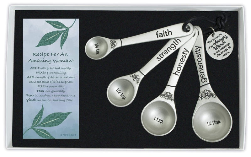 Abbey + CA Gift Amazing Woman Measuring Spoon Set, Decorative Gifts and Kitchen Accessories, 4 Spoons, Engraved Pewter and Silver Enamel, By Abbey & CA Gift - Image 1
