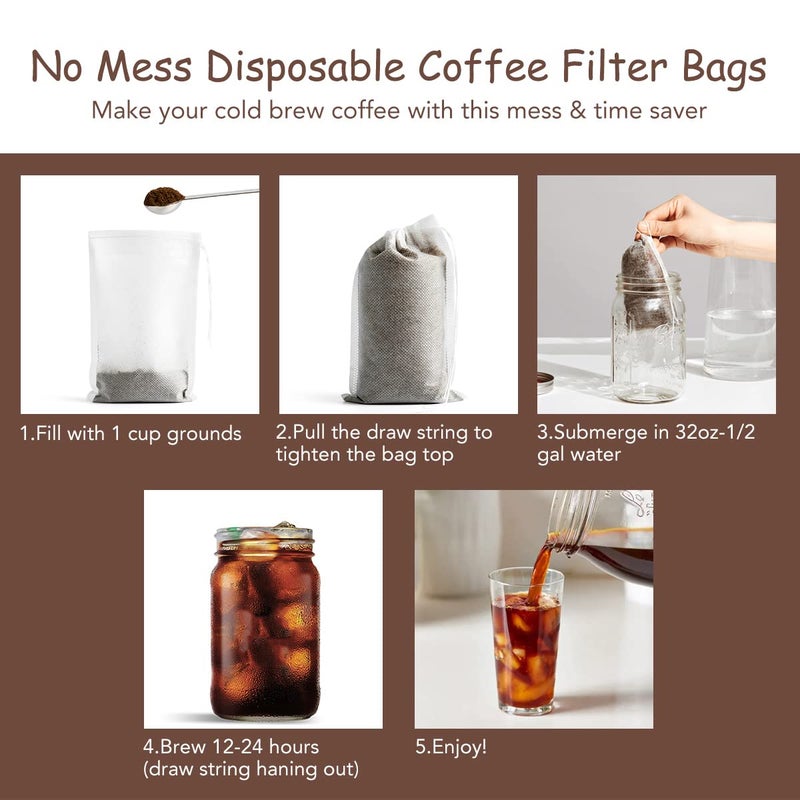 HOMYHEE No Mess Cold Brew Coffee Filters - 120 Count Disposable Fine Mesh Brewing Bags for Concentrate/Iced Coffee Maker, French/Cold Press Kit, Hot Tea in Mason Jar or Pitcher, 4 x 6 Inches - Image 3