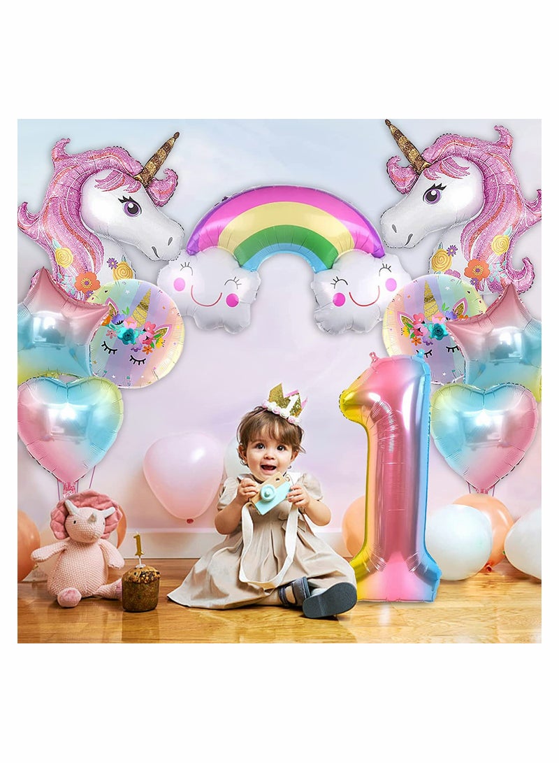 Zikra Unicorn Birthday Decorations for Girls 10Pcs Unicorn Balloons Set with Rainbow Heart Star and Number 1 Foil Balloons for 1st Birthday Party Decorations - Image 2