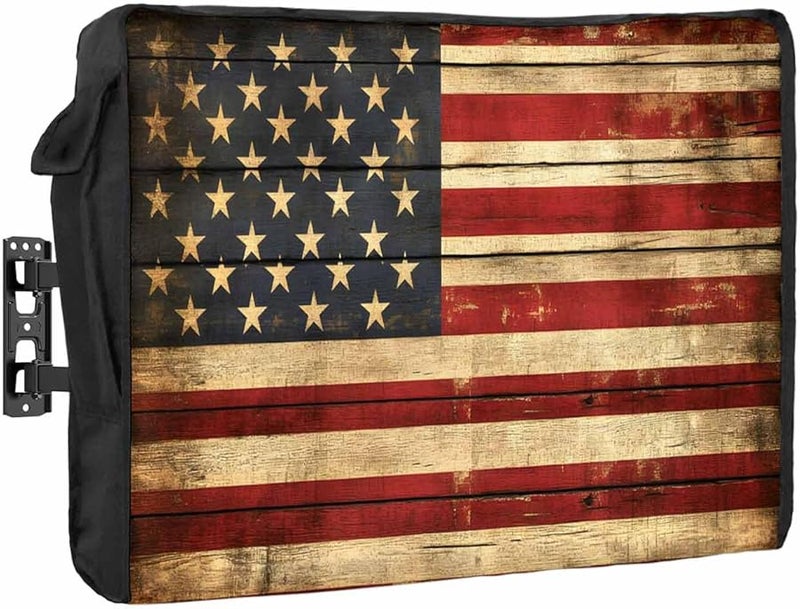 American Flag Outdoor TV Cover 70 to 75 Inches Weatherproof Waterproof Vintage Wooden Enclosure with Remote Pocket Blue Red Beige - Image 1