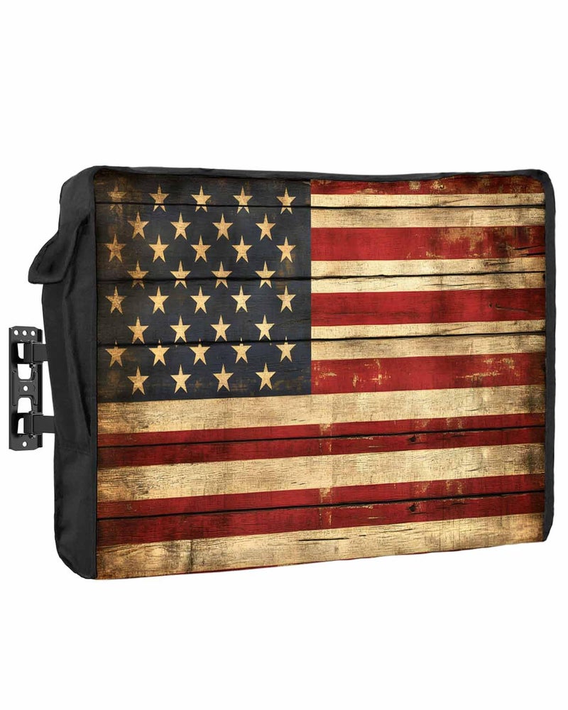 American Flag Outdoor TV Cover 70 to 75 Inches Weatherproof Waterproof Vintage Wooden Enclosure with Remote Pocket Blue Red Beige - Image 2