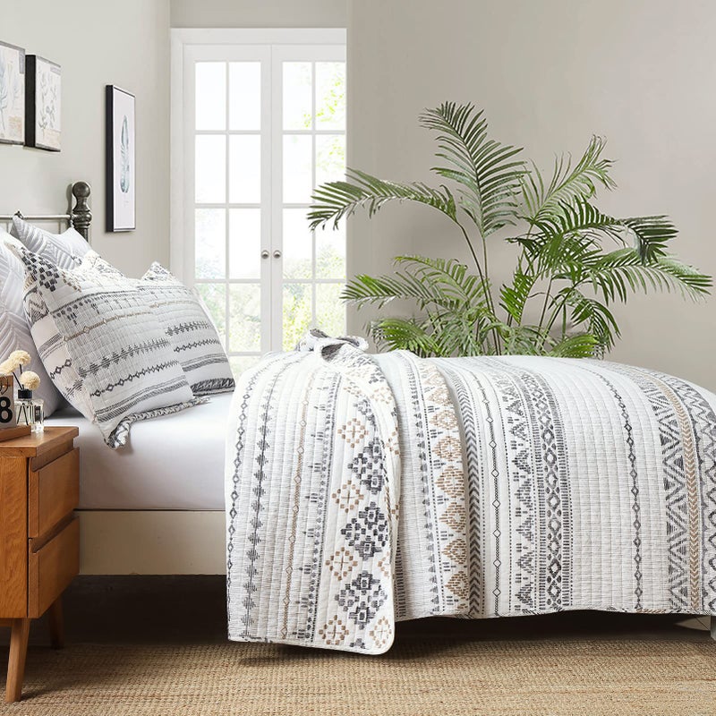 DUOHONG Quilts Queen Size - Queen Quilt Bedspread Sets, 100% Cotton Boho Quilted Bedding Set for Queen Bed, 3 Pieces Bohemian Reversible Striped Lightweight Comforter Bed Spread, White - Image 3