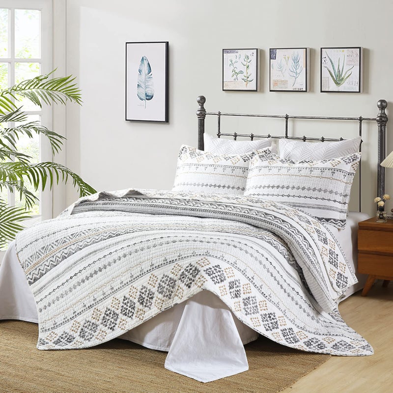 DUOHONG Quilts Queen Size - Queen Quilt Bedspread Sets, 100% Cotton Boho Quilted Bedding Set for Queen Bed, 3 Pieces Bohemian Reversible Striped Lightweight Comforter Bed Spread, White - Image 2