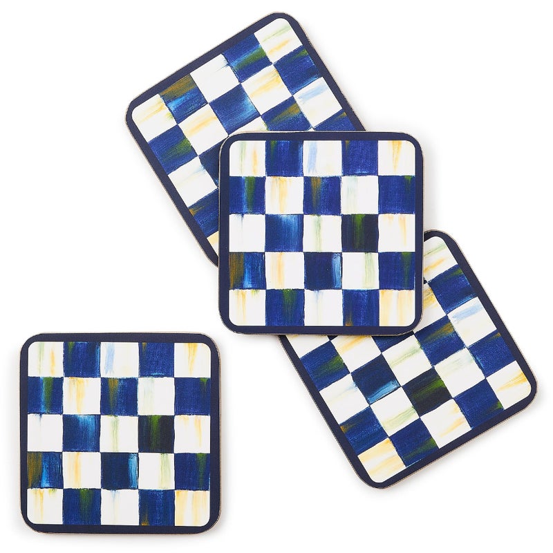 MacKenzieChilds Square CorkBack Coaster Set Table Coasters for Drinks Set of 4 BlueandWhite Royal Check