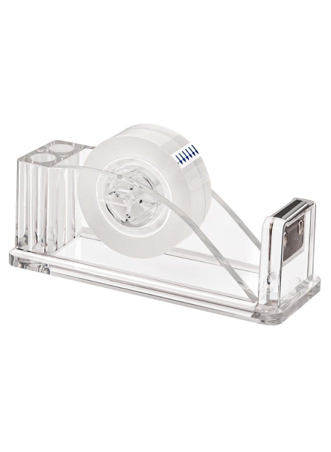 Acrylic Tape Dispenser with One Tape Roll, Transparent Non-Skid Desk Cutter with Pen Holder, Clear Office Home School Organizer - Image 1
