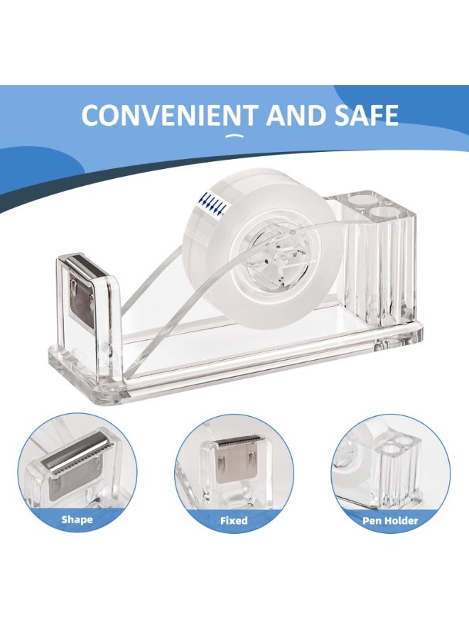 Acrylic Tape Dispenser with One Tape Roll, Transparent Non-Skid Desk Cutter with Pen Holder, Clear Office Home School Organizer - Image 2