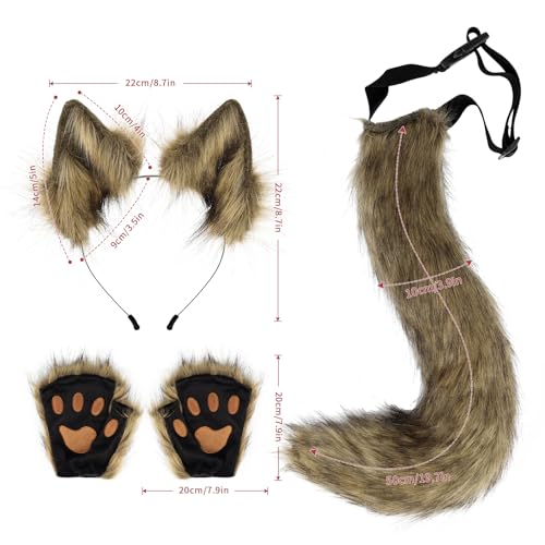 HAOAN Faux Fur Wolf Ears Headband Fox Tail and Paw Gloves Set Cosplay Halloween Costume Accessories - Image 2