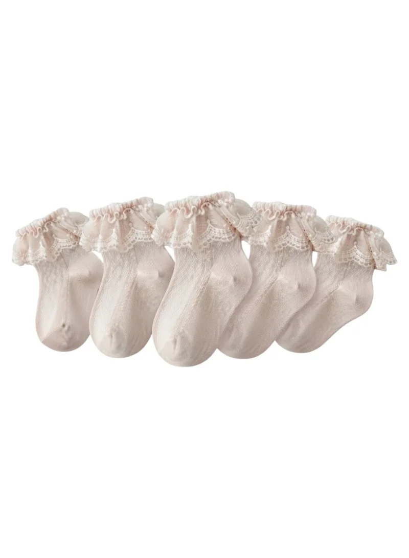 بيداني Baby Girl Eyelet Lace Ruffle Ankle Socks 5 Pairs - Cream