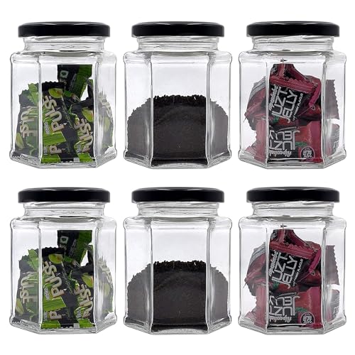 CROCO JAR Hexagon Glass Jar & Container With Rust Free Air Tight Lid, Suitable For Use In Your Home Office, Kitchen Storage/Glass Jar For Kitchen 250 Ml (Pack Of 6, Black) - Image 1