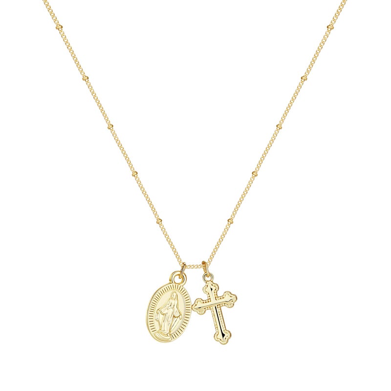 Rotnso Cross Necklace for Women 14K Gold Plated Dainty Small Cross Pendant Choker Simple Trendy Cute Virgin Mary Cross Charm Bead Chain Easter Basket Stuffers Baptism Religious Faith Jewelry Gift - Image 1