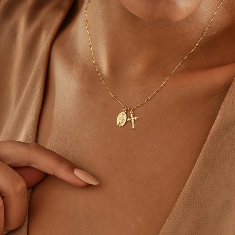 Rotnso Cross Necklace for Women 14K Gold Plated Dainty Small Cross Pendant Choker Simple Trendy Cute Virgin Mary Cross Charm Bead Chain Easter Basket Stuffers Baptism Religious Faith Jewelry Gift - Image 2