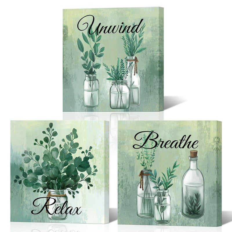 NutArtPic Green Botanical Wall Art Eucalyptus Leaf Picture Botanical Plants Paintings for Bathroom Living Room Bedroom Office Relaxation Theme, Set of 3, 12 x 12 inches - Image 1