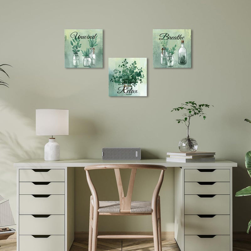 NutArtPic Green Botanical Wall Art Eucalyptus Leaf Picture Botanical Plants Paintings for Bathroom Living Room Bedroom Office Relaxation Theme, Set of 3, 12 x 12 inches - Image 4