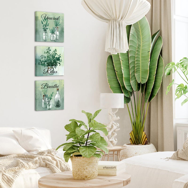 NutArtPic Green Botanical Wall Art Eucalyptus Leaf Picture Botanical Plants Paintings for Bathroom Living Room Bedroom Office Relaxation Theme, Set of 3, 12 x 12 inches - Image 2