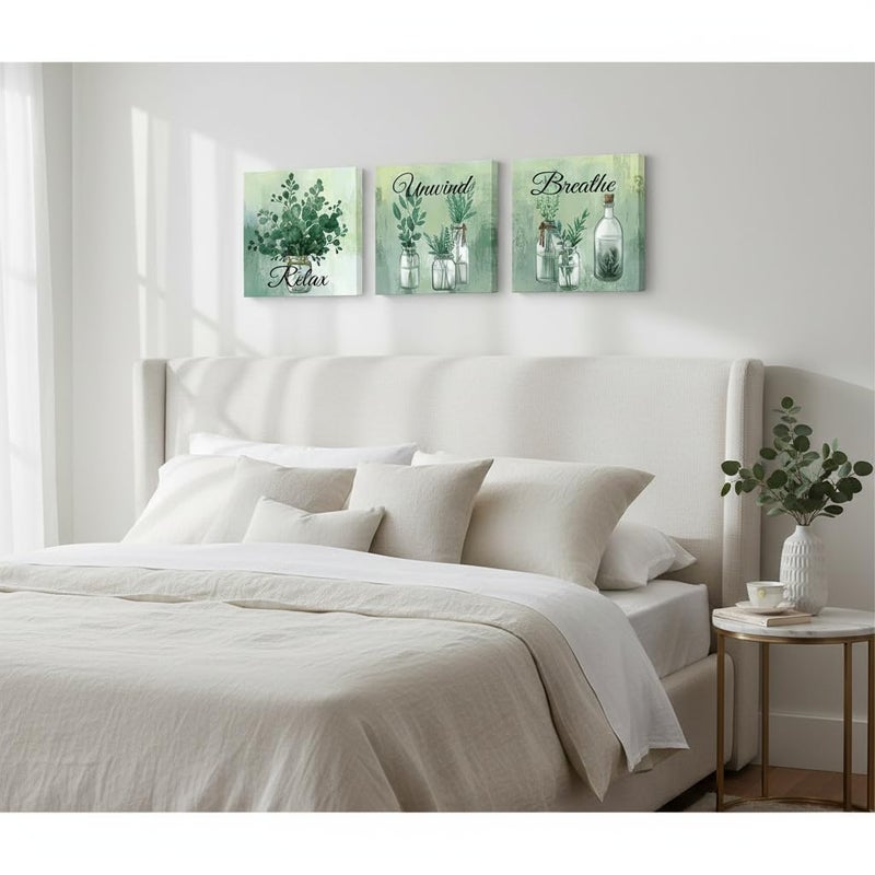 NutArtPic Green Botanical Wall Art Eucalyptus Leaf Picture Botanical Plants Paintings for Bathroom Living Room Bedroom Office Relaxation Theme, Set of 3, 12 x 12 inches - Image 3