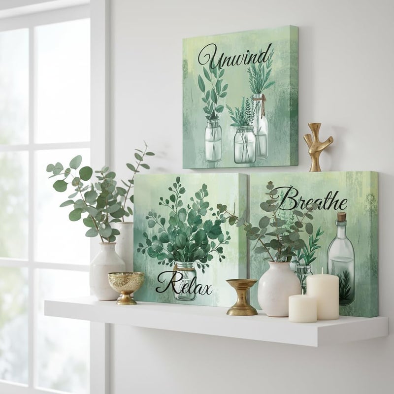 NutArtPic Green Botanical Wall Art Eucalyptus Leaf Picture Botanical Plants Paintings for Bathroom Living Room Bedroom Office Relaxation Theme, Set of 3, 12 x 12 inches - Image 5