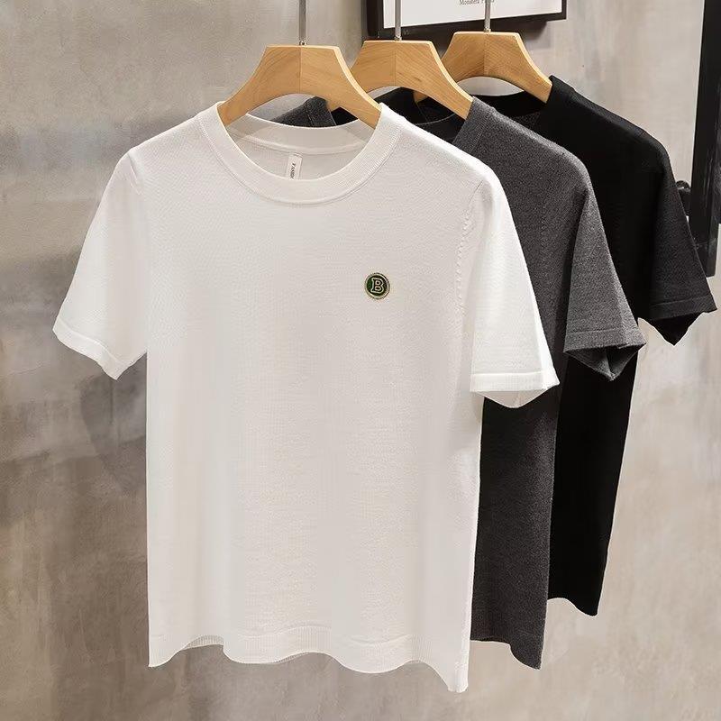 Round Neck T Summer Top Thin Short Sleeve New Year Fashion Brand Knitted High-End T-Shirt 2023 T-Shirt Ice Silk Men'S Embroidery - Image 2