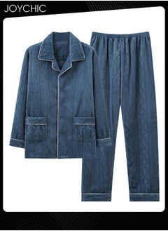 Coral Velvet Lapel Pajamas Set for Men Autumn and Winter Thickened and Velvet Warm Windproof Homewear Wear-resistant Long-sleeved Youth Bedroom Sleepwear Blue