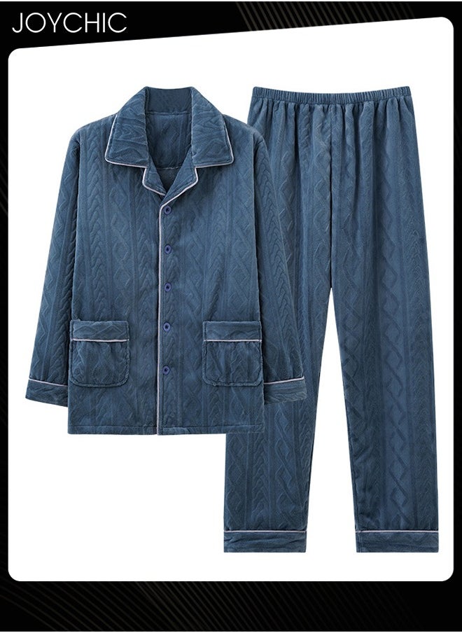 Joychic - Coral Velvet Lapel Pajamas Set for Men Autumn and Winter Thickened and Velvet Warm Windproof Homewear Wear-resistant Long-sleeved Youth Bedroom Sleepwear Blue - Image 1