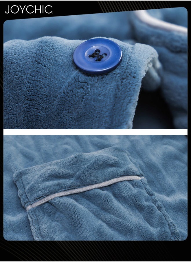 Joychic - Coral Velvet Lapel Pajamas Set for Men Autumn and Winter Thickened and Velvet Warm Windproof Homewear Wear-resistant Long-sleeved Youth Bedroom Sleepwear Blue - Image 1