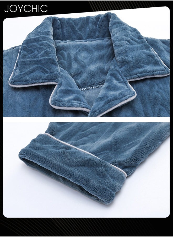Joychic - Coral Velvet Lapel Pajamas Set for Men Autumn and Winter Thickened and Velvet Warm Windproof Homewear Wear-resistant Long-sleeved Youth Bedroom Sleepwear Blue - Image 1