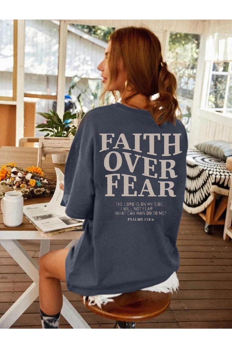 BANGELY Faith Over Fear Shirt Women Graphic Shirts Oversized Workout Gym Christian Religious Tees Drop Shoulder Tee Tops Grey - Image 3