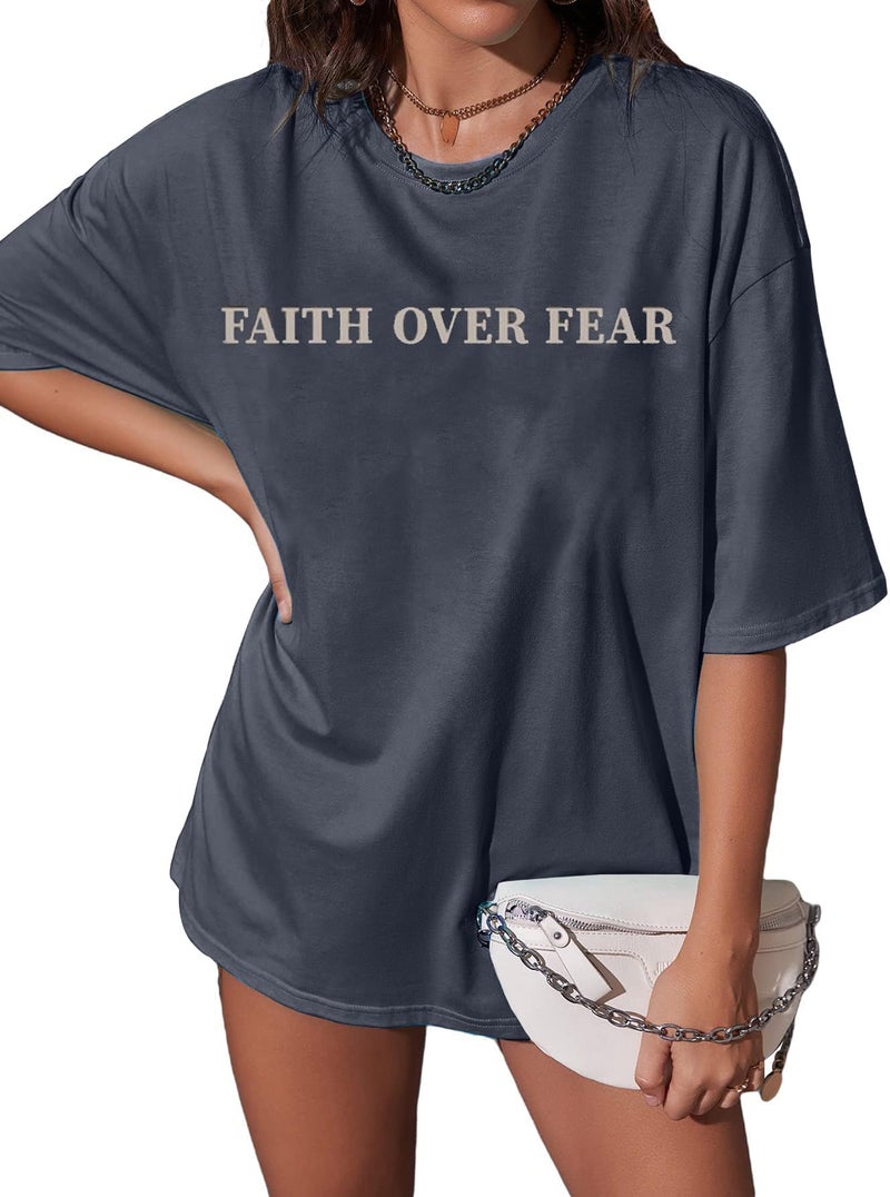 BANGELY Faith Over Fear Shirt Women Graphic Shirts Oversized Workout Gym Christian Religious Tees Drop Shoulder Tee Tops Grey - Image 2