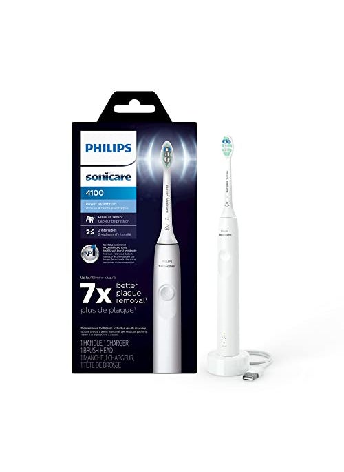 PHILIPS SONICARE Philips Sonicare 4100 Rechargeable Electric Toothbrush, with Pressure Sensor, 2 Intensity Settings, SmarTimer and QuadPacer, 14-Day Battery Life, White, Model HX3681/23 