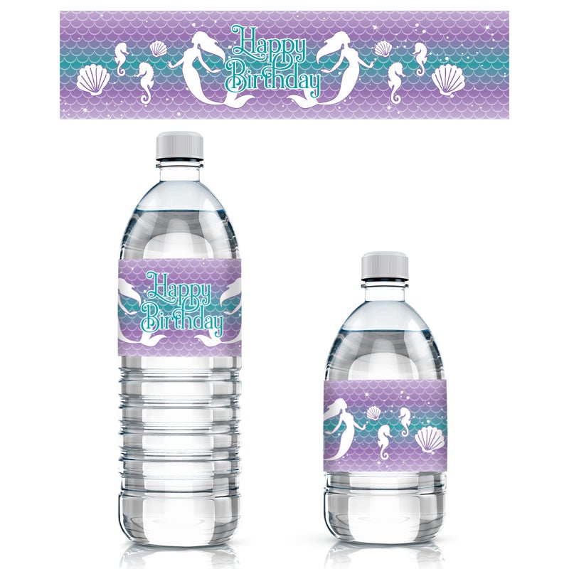DISTINCTIVS Mermaid Birthday Water Bottle Labels  24 Stickers for Under The Sea Party Decorations Mermaid Party Supplies for Girls