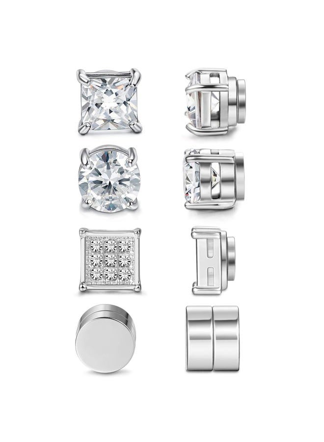 Jstyle 4 Pairs Stainless Steel Magnetic Stud Earrings for Men Women Silver Tone CZ Non-Piercing Clip On Stud Earrings Set 6-8MM - Image 1