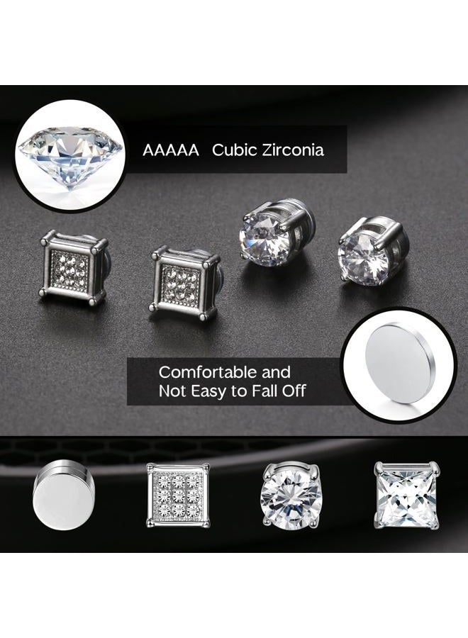 Jstyle 4 Pairs Stainless Steel Magnetic Stud Earrings for Men Women Silver Tone CZ Non-Piercing Clip On Stud Earrings Set 6-8MM - Image 2