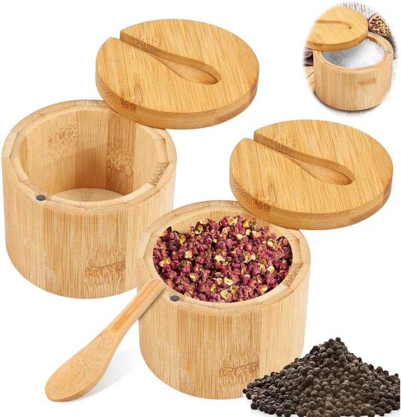 Luckam Bamboo Salt Bowls, Salt and Pepper Box with Magnetic Swivel Lid and Spoon, Seasoning Container for Salt, Pepper, Spice, and Sugar, 2PCS - Image 1