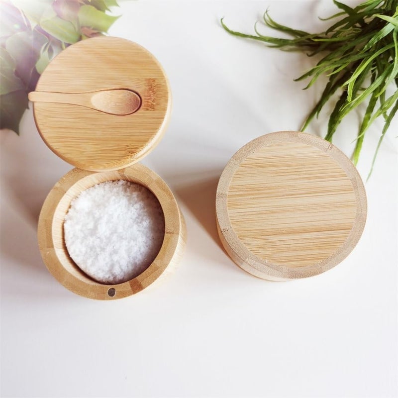 Luckam Bamboo Salt Bowls, Salt and Pepper Box with Magnetic Swivel Lid and Spoon, Seasoning Container for Salt, Pepper, Spice, and Sugar, 2PCS - Image 2
