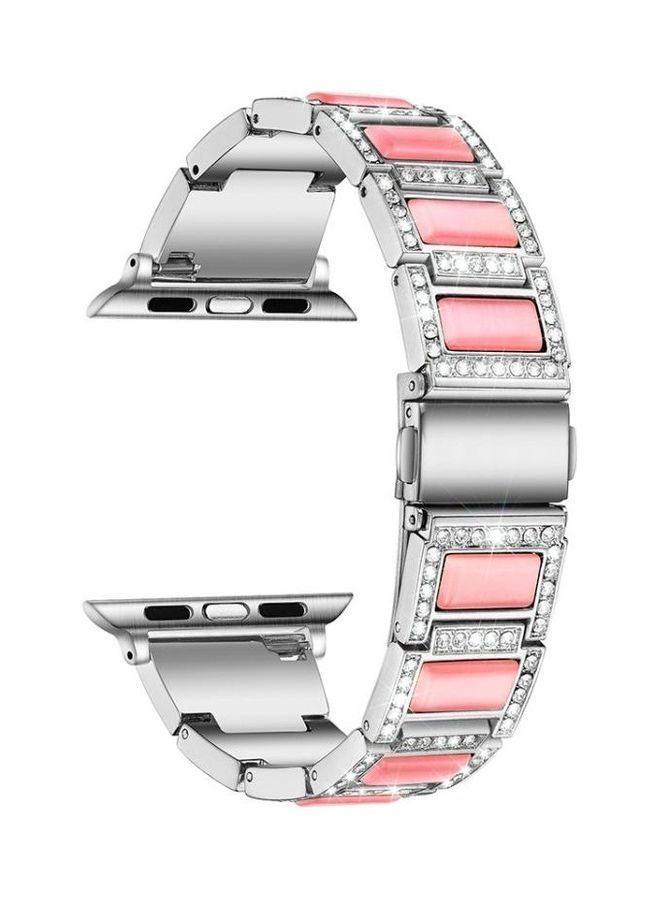 NIBEMINENT Three-Beads Diamond Gemstone Replacement Strap Watchband For Apple Watch Series 1/2/3/4/5/6/7/SE 42-44-45mm Silver/Pink - Image 1