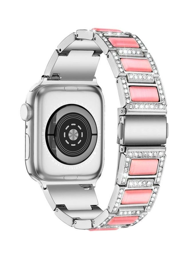 NIBEMINENT Three-Beads Diamond Gemstone Replacement Strap Watchband For Apple Watch Series 1/2/3/4/5/6/7/SE 42-44-45mm Silver/Pink - Image 2
