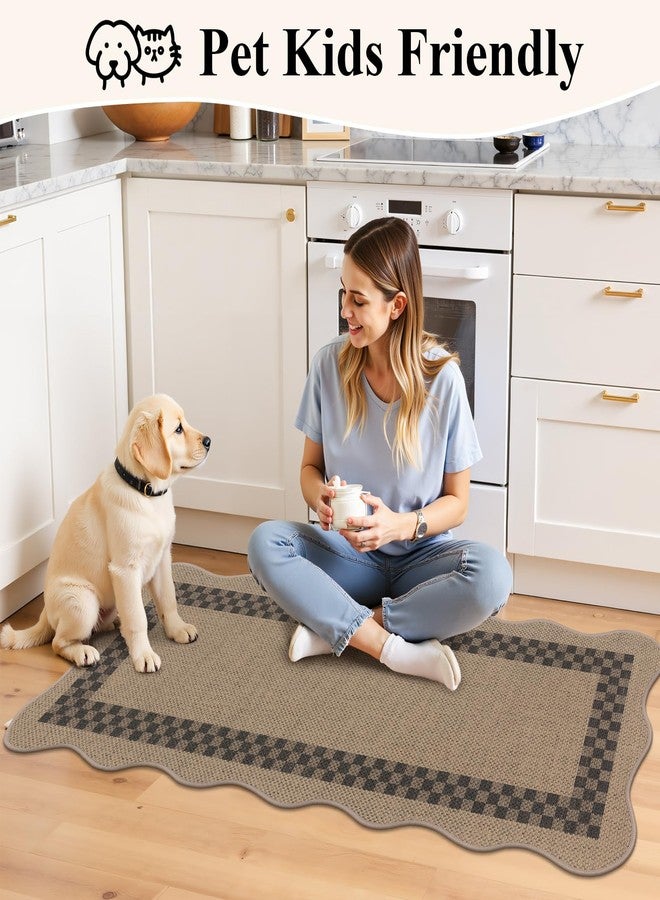 U'Artlines Non-Slip Scalloped Kitchen Rugs Set 3 PCS, 20"x32"+ 20"x48"+20"x59" Washable Low Profile Easy Jute Kitchen Floor Mats Runner Set for Sink Hallway Entryway Laundry Decor(Checked) - Image 5