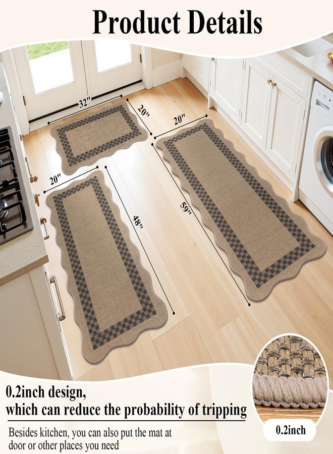 U'Artlines Non-Slip Scalloped Kitchen Rugs Set 3 PCS, 20"x32"+ 20"x48"+20"x59" Washable Low Profile Easy Jute Kitchen Floor Mats Runner Set for Sink Hallway Entryway Laundry Decor(Checked) - Image 2