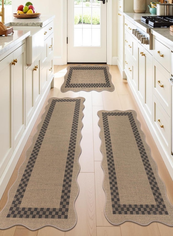 U'Artlines Non-Slip Scalloped Kitchen Rugs Set 3 PCS, 20"x32"+ 20"x48"+20"x59" Washable Low Profile Easy Jute Kitchen Floor Mats Runner Set for Sink Hallway Entryway Laundry Decor(Checked) - Image 1