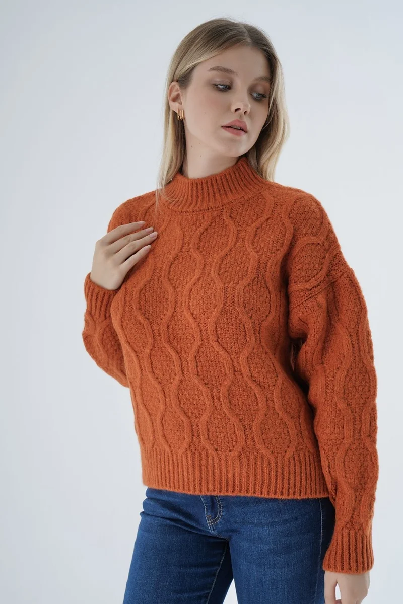 Trist Star Women Orange Oversize Half Turtleneck Walk Honeycomb Knitting Wool Special Yarn Knitwear Knitted Sweater