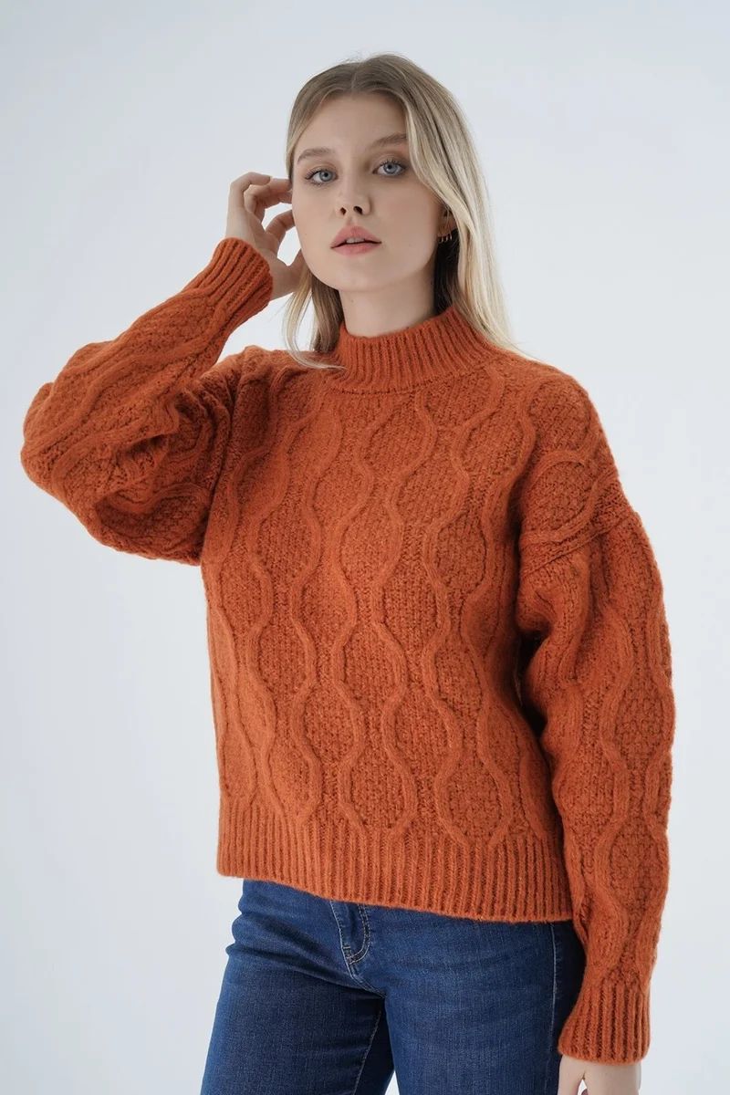 Trist Star Women Orange Oversize Half Turtleneck Walk Honeycomb Knitting Wool Special Yarn Knitwear Knitted Sweater